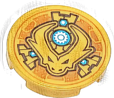 Tile, Round 2 x 2 with Bottom Stud Holder with Dragon Head with Horns and Black Eyes, Dark Azure and White Nuts and Gear in Circle Pattern