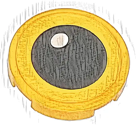 Tile, Round 2 x 2 with Bottom Stud Holder with Yellow Eye, Black Pupil and White Glint Pattern