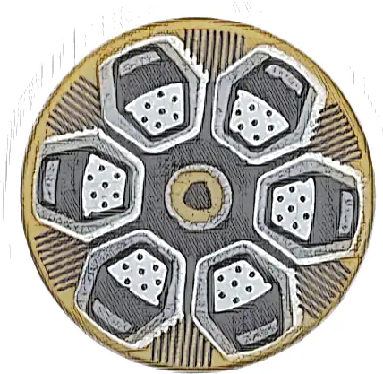 Tile, Round 2 x 2 with Bottom Stud Holder with Wheel Rim with Silver Hexagonal Spokes, Black Lines and Lamborghini Logo Pattern