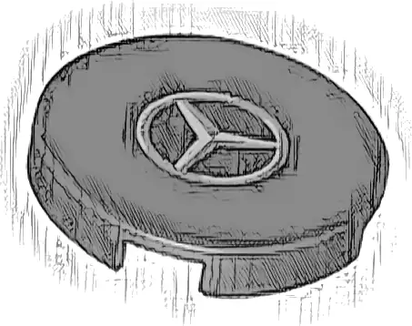 Tile, Round 2 x 2 with Bottom Stud Holder with Silver and Dark Silver Mercedes-Benz Logo Pattern