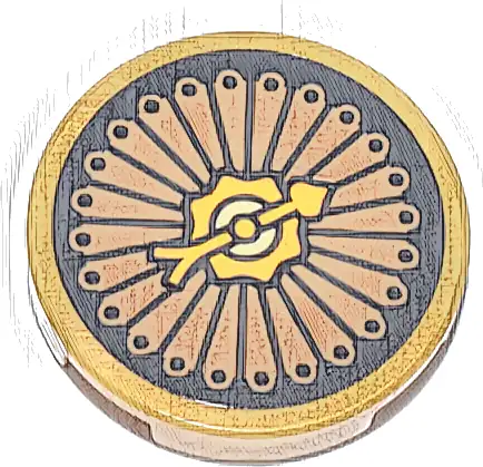 Tile, Round 2 x 2 with Bottom Stud Holder with Medium Nougat and Black Clock Face and Bright Light Orange Hand Pattern (Sticker) - Set 76437