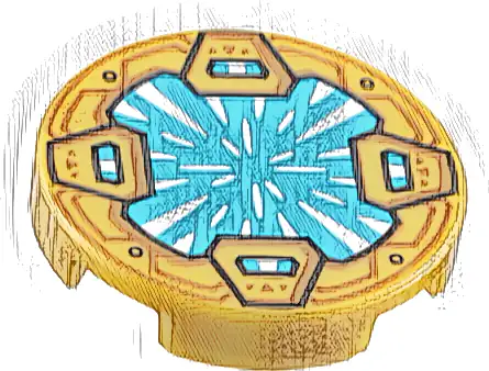 Tile, Round 2 x 2 with Bottom Stud Holder with Medium Azure Crystal with White Radiating Reflections, Clasps with Dark Orange Shapes Pattern