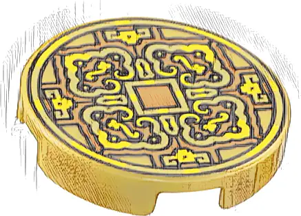 Tile, Round 2 x 2 with Bottom Stud Holder with Gold and Yellow 4 Petal Flower Design and Square on Dark Orange Background Pattern (Coin)