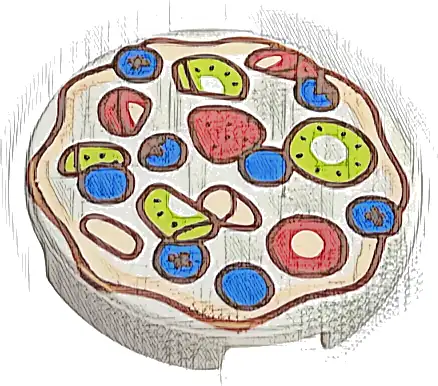 Tile, Round 2 x 2 with Bottom Stud Holder with Red Strawberries, Blue Blueberries and Lime Kiwi Fruit Slices Pattern