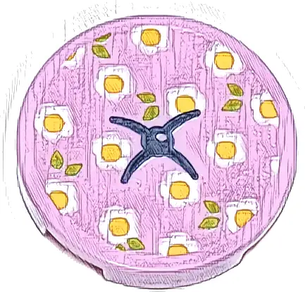 Tile, Round 2 x 2 with Bottom Stud Holder with Cushion with Dark Blue Button, White and Bright Light Orange Flowers and Lime Leaves Pattern (Sticker) - Set 42671