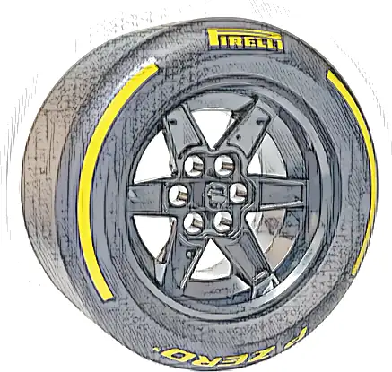 Wheel 56mm D. x 34mm Technic Racing Medium, 6 Pin Holes with Black Tire 81.6mm D. x 44mm Smooth with Yellow 'PIRELLI', 'P ZERO' and Arcs Pattern (15038 / 4410pb02)