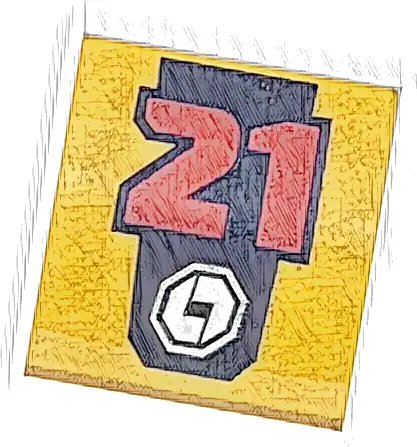 Slope, Curved 2 x 2 x 2/3 with Dark Blue Panel, Red Number 21 and White Logo Pattern