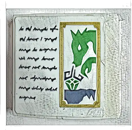 Slope, Curved 2 x 2 x 2/3 with Book Page with Writing, Dark Blue Cooking Pot, Bright Green Dragon and Diamond in Gold Frame Pattern (Sticker) - Set 31125