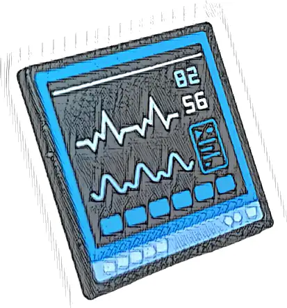 Road Sign 2 x 2 Square with Open O Clip with Hospital Computer Screen with Dark Azure Border and Buttons, Bright Light Blue '82', Monitor Wave and Base, White '56' and Lines Pattern