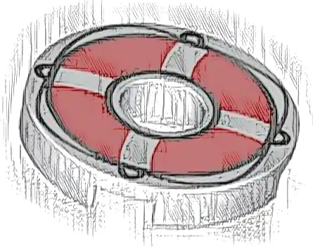 Tile, Round 2 x 2 with Hole with Red Life Preserver with Black Loops and String Pattern