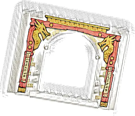 Panel 4 x 16 x 10 with Red Wooden Posts, Gold Dragon Heads and Roof, Tan Bricks and Banners with Black Ninjago Logogram 'WELCOME NINJAS' Pattern