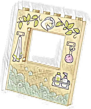 Panel 1 x 6 x 6 with Window with Lime Vine Leaves, Horse Emblem, Towel and Sponge on Hooks, Soap Dispencers, and Light Aqua Soap Suds Pattern