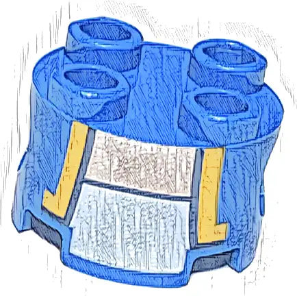 Brick, Round 2 x 2 with Pin Holes with Vest Open with Bright Light Orange and Dark Blue Trim over White Shirt, Light Nougat Neck Pattern (Super Mario Toad / Blue Toad Torso)