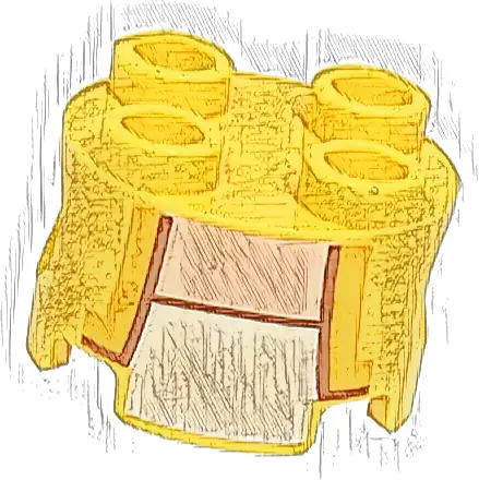Brick, Round 2 x 2 with Pin Holes with Vest Open with Bright Light Orange and Reddish Brown Trim over White Shirt, Light Nougat Neck Pattern (Super Mario Yellow Toad Torso)