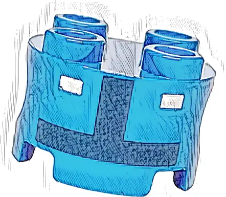 Brick, Round 2 x 2 with Pin Holes with Two White Rectangles and Dark Blue Inverted T-Shape Pattern (Super Mario Blue Toad Pit Crew Torso)