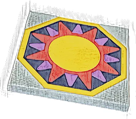 Tile 4 x 4 with Yellow, Magenta and Medium Lavender Sun on Dark Blue Octagon Background with Yellow Edge Pattern