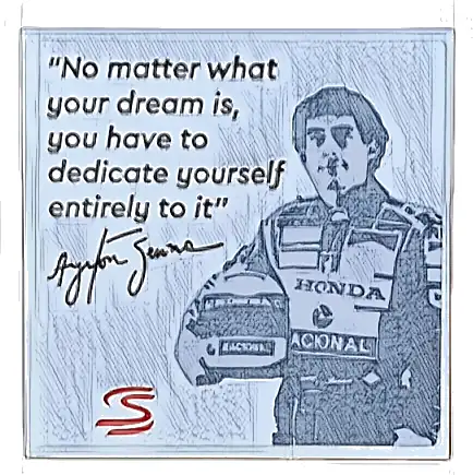 Tile 4 x 4 with Black 'Ayrton Senna' Image, Quote and Signature, Red Logo Pattern (Sticker) - Set 10330