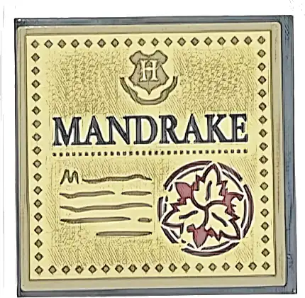 Tile 4 x 4 with Black 'MANDRAKE', Dark Red Plant, Dark Tan Hogwarts Crest, Writing and Border on Tan Background Pattern (Sticker) - Set 76433