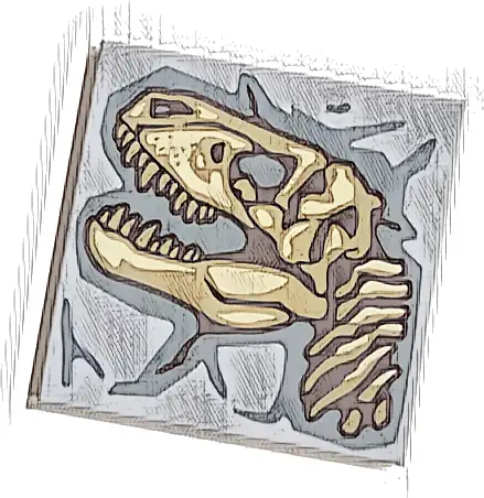 Tile 4 x 4 with Dark Brown, Dark Tan and Tan Tyrannosaurus rex Skull Fossil on Jagged Dark Bluish Gray Background Pattern