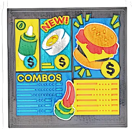 Tile 4 x 4 with Menu with 'NEW!', 'COMBOS', Fried Egg, Burger and Dollar Signs Pattern (Sticker) - Set 77076