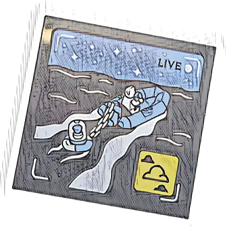 Tile 4 x 4 with 'LIVE' Broadcast with Bright Light Blue Rubber Raft and Sky, Black Sea, White Minifigure, Stars and Waves, Yellow Icon with Clouds Pattern