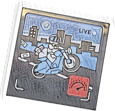 Tile 4 x 4 with 'LIVE' Broadcast with Bright Light Blue Motorcycle and Sky, Black Road and Skyliners, White Minifigure, Red Icon with Speedometer Pattern
