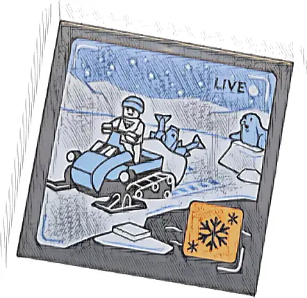 Tile 4 x 4 with 'LIVE' Broadcast with Bright Light Blue Snowmobile, Fish, Seal and Sky, White Ground and Mountains, Orange Icon with Black Snowflakes Pattern