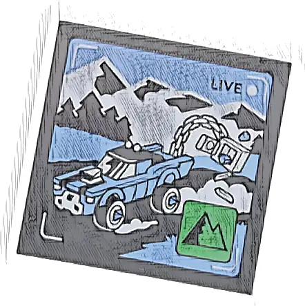 Tile 4 x 4 with 'LIVE' Broadcast with Bright Light Blue Car and Side Road, Black and White Mountains, Green Icon with Mountains Pattern