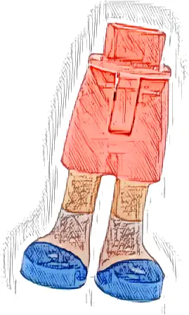 Część LEGO® 1826fc00pb003 Mini lalka, biodra i szorty z formowanymi jasnobrązowymi nogami oraz nadrukowanymi niebieskimi kapciami i białymi skarpetami (wzór) - cienki zawias