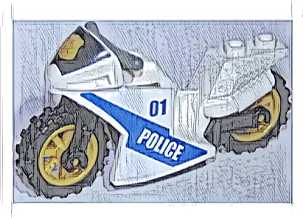 Motorcycle Sport Bike with Black Windshield with Gold Badge Pattern, Black Frame, Pearl Gold Wheels and Dark Bluish Gray Handlebars with Police Pattern on Both Sides (Stickers) - Set 60137