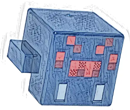 Creature Head Pixelated with Red and Dark Red Face and Light Bluish Gray Fangs Pattern (Minecraft Spider)