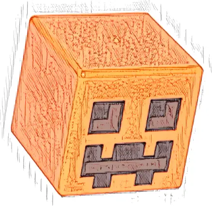 Minifigure, Head, Modified Cube with Pixelated Dark Brown and Reddish Brown Eyes and Mouth Pattern (Minecraft Pumpkin Jack O' Lantern / Snow Golem)