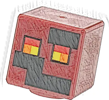 Minifigure, Head, Modified Cube with Pixelated Black Rectangles and Red, Orange, and Yellow Eyes Pattern (Minecraft Magma Cube)