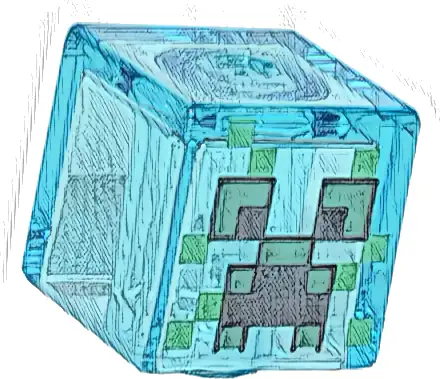 Minifigure, Head, Modified Cube with Pixelated Black and Dark Green Eyes and Open Mouth Frown, Green Spots Pattern (Minecraft Charged Creeper)