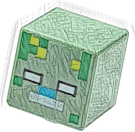 Minifigure, Head, Modified Cube with Pixelated White Eyes and Mouth, Medium Azure Nose, and Green and Lime Spots Pattern (Minecraft Drowned Zombie)