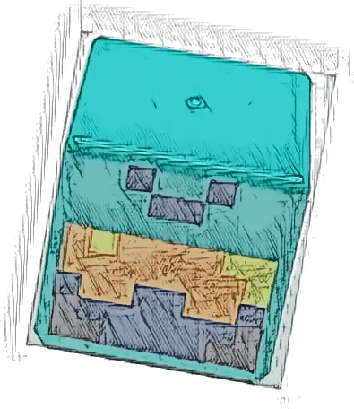 Minifigure, Head, Modified Cube with Pixelated Orange, Dark Blue and Black Face with Yellow Eyes Pattern (Minecraft Nether Adventurer)