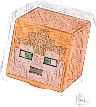 Minifigure, Head, Modified Cube with Pixelated Light Nougat Face, Green Eyes, and Gold Crown Pattern (Minecraft Royal Warrior)