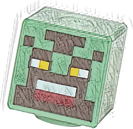Minifigure, Head, Modified Cube with Pixelated Dark Brown Face, Bright Light Orange Eyes, and White and Dark Red Mouth Pattern (Minecraft Orc Warrior)