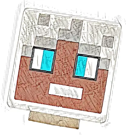 Minifigure, Head, Modified Cube with Pixelated Reddish Brown Face, Medium Azure Eyes and Light Bluish Gray Hair Pattern (Minecraft Ender Explorer)
