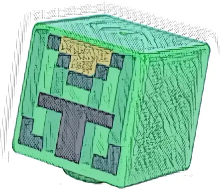 Część LEGO® 19729pb091 Minifigurka, Głowa, Zmieniona Kostka z Pikselowym Ciemnozielonym i Złotym Hełmem z Pionowymi Zielonymi Paskami i Czarnym Otworem, Wzór (Minecraft Rycerz Kaktus)