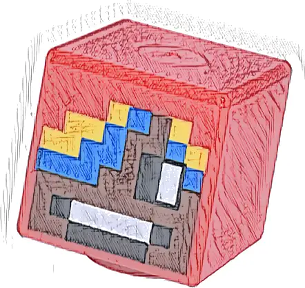 Minifigure, Head, Modified Cube with Pixelated Umber Face, Black and White Eyes and Mouth, Blue and Yellow Hair Pattern (Minecraft Parrot Handler)