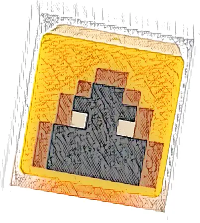 Część LEGO® 19729pb097 Minifigurka, głowa, modyfikowana kostka z pikselową kapturem z ciemnopomarańczową lamówką, czarną twarzą z białymi oczami (Minecraft Shadow Hoodie)