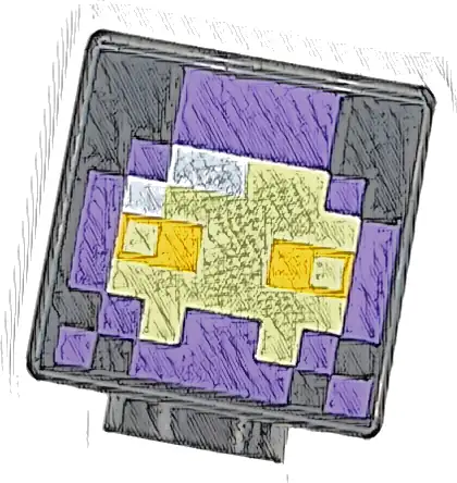 Minifigure, Head, Modified Cube with Pixelated Dark Purple and Bright Light Yellow Mask, White Reflection and Bright Light Orange Eyes Pattern (Minecraft Realm Raider)