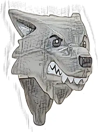 Część LEGO® 20613pb05 Minifigurka, głowa zmodyfikowany wilk, gładkie włosy i czoło z czarnym nosem, oczami i brwiami, białymi zębami i kłami, wzór