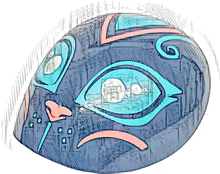 Large Figure Armor, Round, Smooth with Medium Azure Eyes, Curls, Whisker Dots, and Forehead Triangle, Coral Nose and Cheek Lines Pattern (Cat Head)