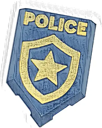 Tile, Modified 2 x 3 Pentagonal with Gold 'POLICE' and Star Badge Logo Pattern