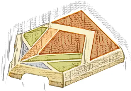 Tile, Modified 2 x 3 Pentagonal with Dark Orange, Olive Green, Nougat, and Sand Blue Angular Shapes Pattern