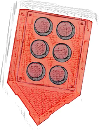 Tile, Modified 2 x 3 Pentagonal with 6 Dark Red Circles with Black Outline and Rivets Pattern