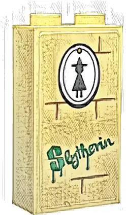 Brick 1 x 2 x 3 with White Oval Painting with Black Witch Silhouette, Medium Nougat Mortar and Green 'Slytherin' Graffiti Pattern (Sticker) - Set 76423