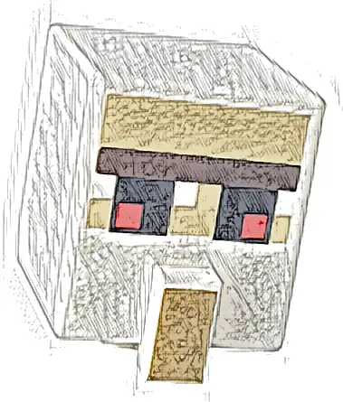 Minifigure, Head, Modified Cube Tall with Raised Rectangle with Pixelated Dark Brown Unibrow, Red and Black Eyes, and Dark Tan Nose Pattern (Minecraft Iron Golem)